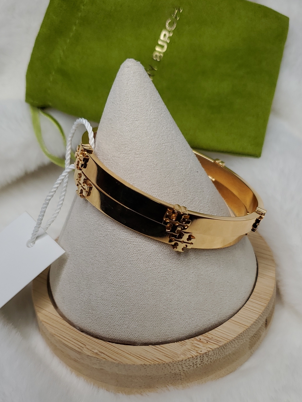 Tory Burch Gold and Black Double-Row Logo Bangle Bracelet